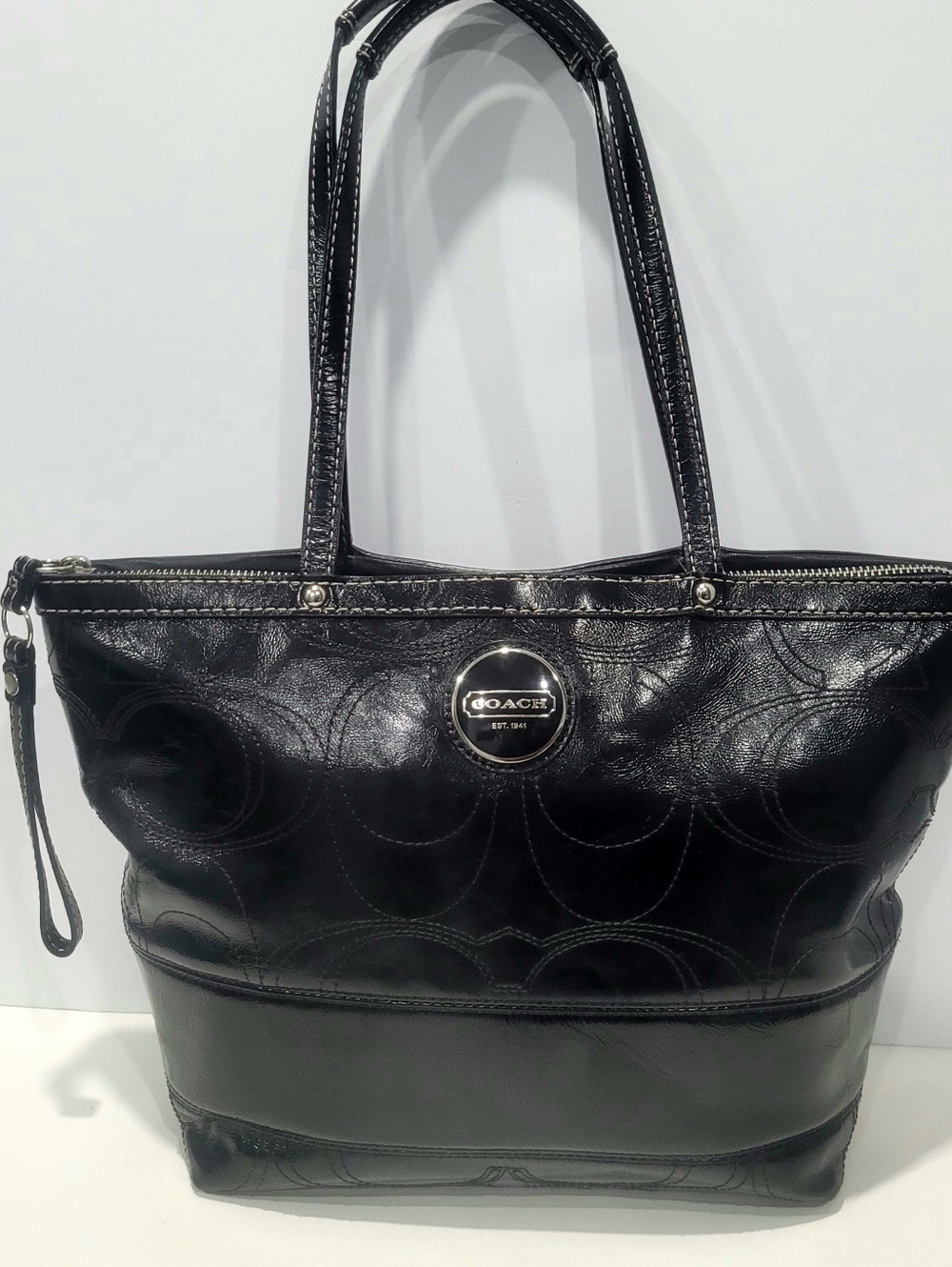 Coach Black Leather Signature Tote Bag Good Cond